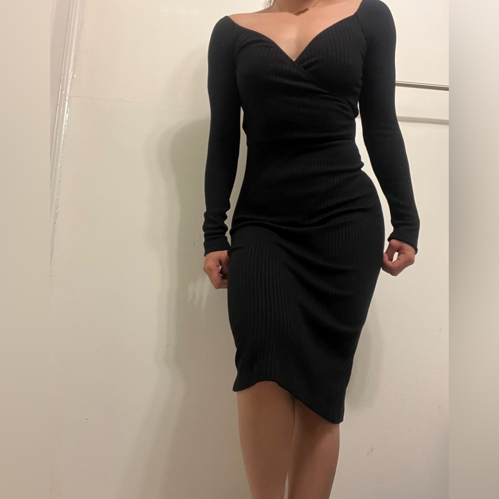Reformation Black V Neck Soft Ribbed Dress